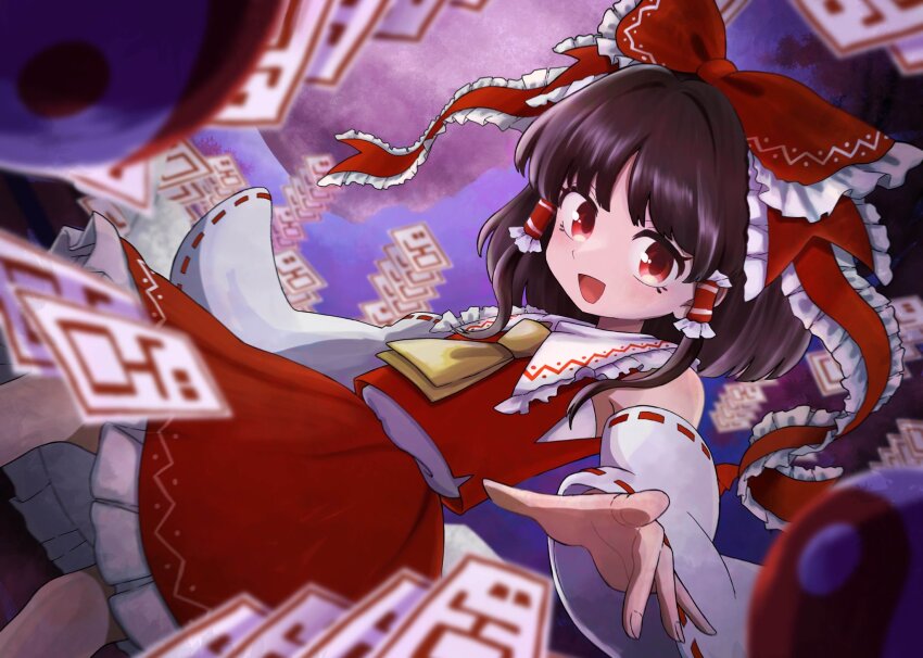1girl :d ascot bare_shoulders bow brown_hair commentary detached_sleeves feet_out_of_frame frilled_bow frilled_hair_tubes frilled_skirt frills hair_bow hair_tubes hakurei_reimu highres looking_at_viewer ofuda open_mouth orb outstretched_arm red_bow red_eyes red_shirt red_skirt ribbon-trimmed_sleeves ribbon_trim shirt short_hair sidelocks skirt skirt_set sleeveless sleeveless_shirt smile solo symbol-only_commentary touhou umebitan white_sleeves wide_sleeves yellow_ascot yin_yang yin_yang_orb