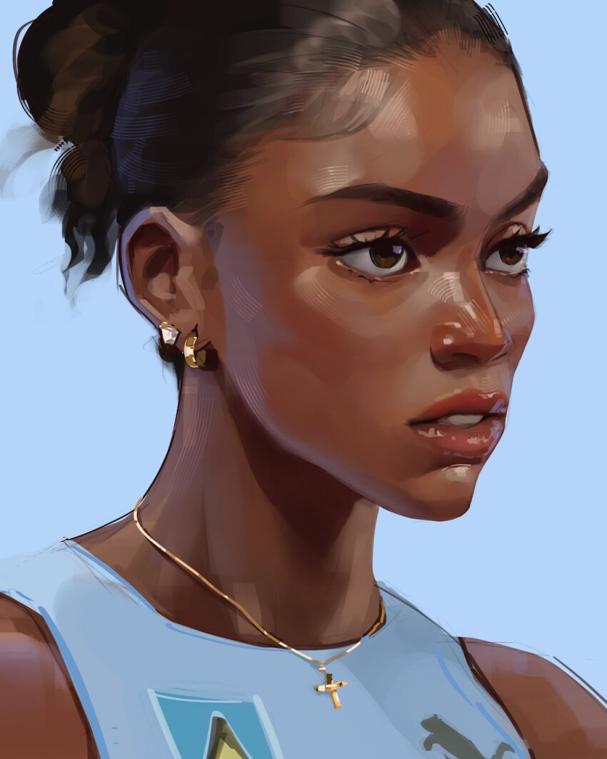 1girl blue_background blue_shirt brown_eyes brown_hair commentary cross cross_necklace dark-skinned_female dark_skin earrings hair_bun highres jewelry julien_alfred necklace parted_lips portrait puma_(brand) real_life red_lips sam_yang shirt simple_background sleeveless sleeveless_shirt solo