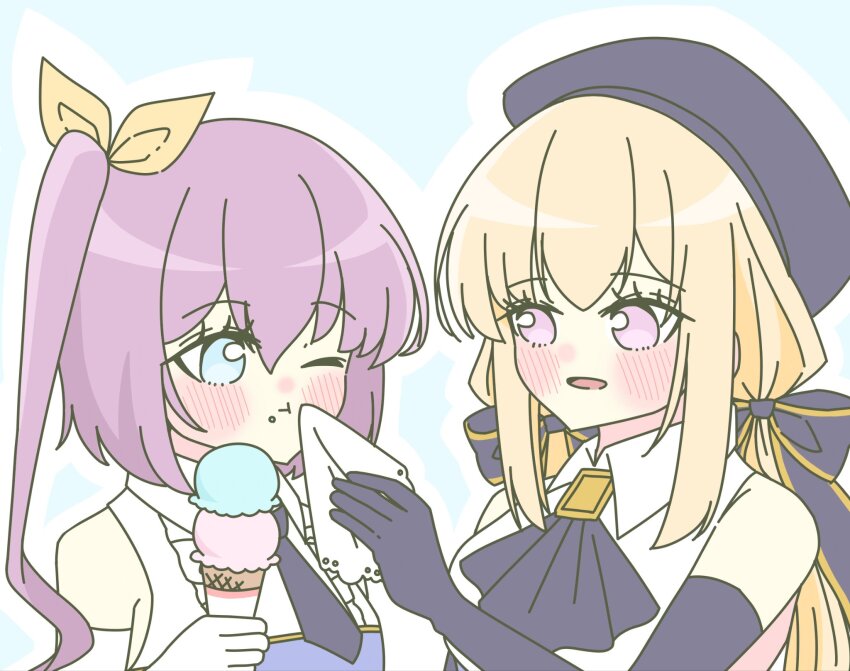 2girls :t alicia_(aris_lily0418) arm_at_side ascot assault_lily beret black_ascot black_bow black_gloves black_headwear black_necktie blonde_hair blue_background blue_eyes blue_shirt blush bow closed_mouth collared_shirt multiple_scoops elbow_gloves food food_on_face gloves hair_between_eyes hair_bow hair_ribbon hand_up handkerchief hat high_ponytail highres holding holding_food holding_handkerchief ice_cream ice_cream_cone ice_cream_on_face kawanabe_nazuna long_hair looking_at_another low_twintails multiple_girls necktie no_pupils odaiba_girls_high_school_uniform one_eye_closed outline parted_lips ponytail purple_eyes purple_hair ribbon school_uniform shirt short_necktie side_ponytail sidelocks simple_background sleeveless sleeveless_shirt smile striped_bow takehisa_nakaba twintails two-tone_shirt upper_body white_outline white_shirt wiping_face yellow_ribbon