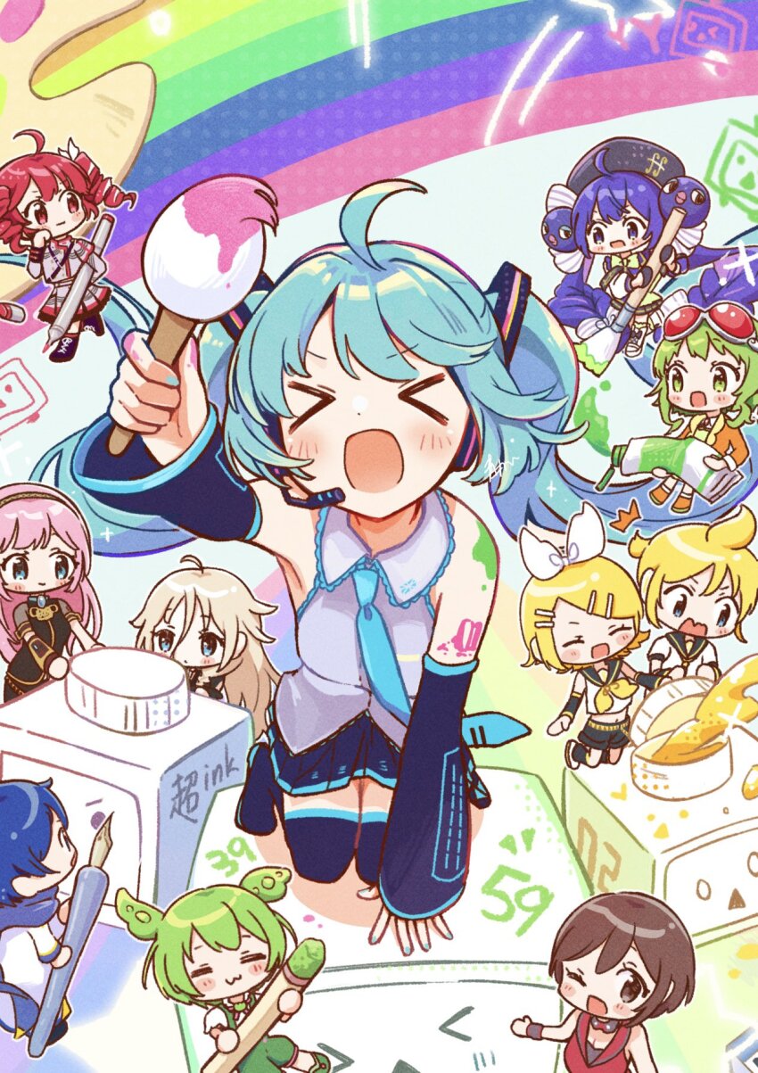 &gt;_&lt; 2boys 6+girls ahoge animal_ears aoiyui art_brush black_boots black_shorts black_skirt black_thighhighs blonde_hair blush boots bow bowtie brown_eyes brown_hair closed_mouth collared_shirt detached_sleeves goggles goggles_on_head green_hair green_shorts hair_between_eyes hair_bow hair_ribbon hatsune_miku highres holding holding_pen hugging_own_legs ia_(vocaloid) jacket kagamine_len kagamine_rin kasane_teto kasane_teto_(sv) lace-up_boots looking_at_object megurine_luka meiko_(vocaloid) multiple_boys multiple_girls niconico open_mouth orange_jacket otomachi_una otomachi_una_(sv) paintbrush pen pink_hair red_eyes red_hair red_jacket red_socks ribbon sailor_collar shirt short_hair shorts skirt sleeveless sleeveless_shirt socks synthesizer_v terebi-chan thighhighs utau vocaloid voiceroid voicevox white_bow white_shirt yellow_bow yellow_bowtie zundamon