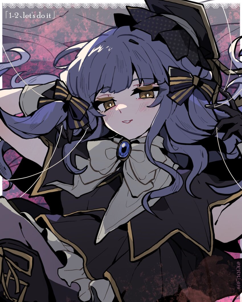 1girl bang_dream! bang_dream!_it&#039;s_mygo!!!!! black_boots black_gloves black_hat blue_brooch blue_hair blush boots bow bowtie commentary english_commentary gloves hair_ribbon hat highres kyou_039 long_hair looking_at_viewer open_mouth ribbon solo togawa_sakiko white_bow white_bowtie yellow_eyes