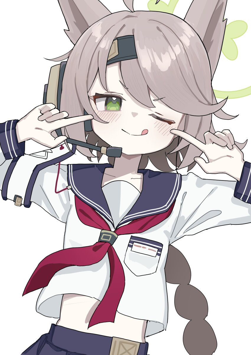 :d absurdres animal_ears blue_archive blush brown_hair fox_ears fox_girl green_eyes green_halo halo headset highres inaba_reito long_braid long_sleeves neckerchief one_eye_closed open_mouth otogi_(blue_archive) pleated_skirt pointing pointing_at_self school_uniform serafuku simple_background skirt smile