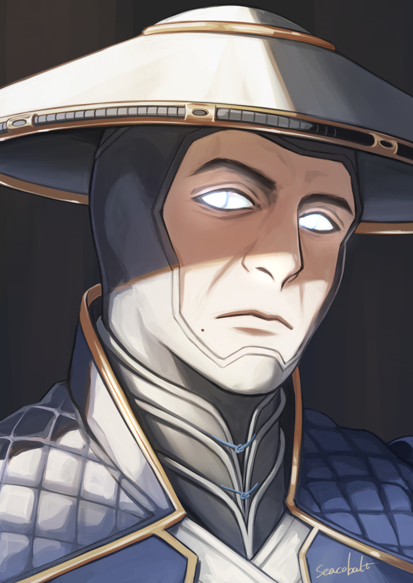 1boy ajirogasa frown glowing glowing_eyes grey_background hat highres looking_to_the_side male_focus mole mole_under_mouth mortal_kombat_(series) mortal_kombat_11 portrait raiden_(mortal_kombat) seacobalt solo white_eyes white_hat