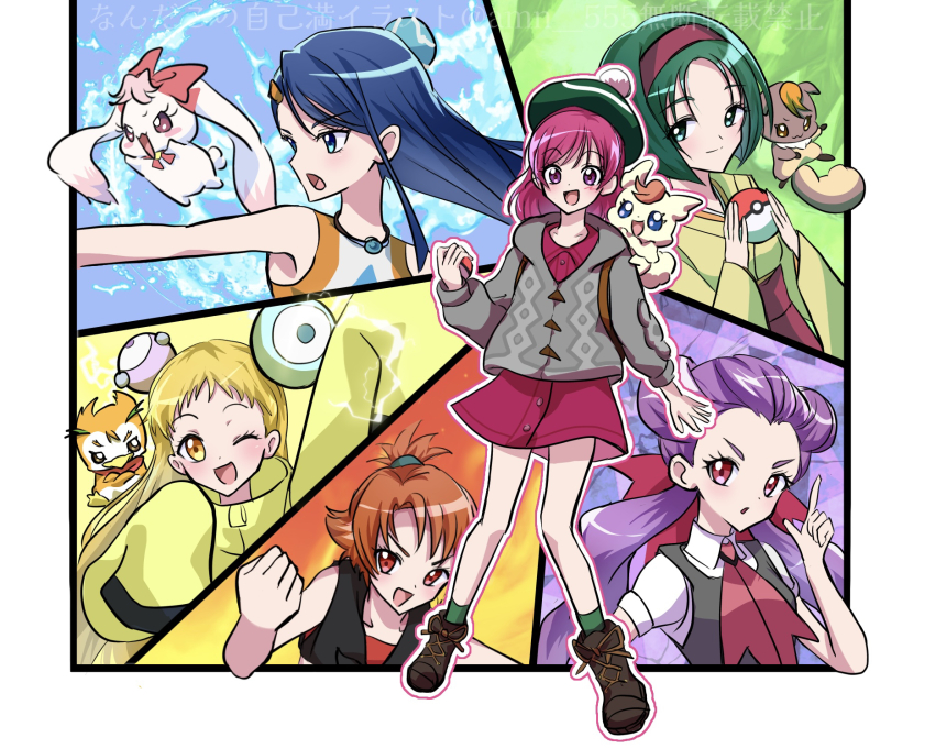 3boys 6+girls akimoto_komachi amagan_ruruboshi beret black_vest blonde_hair blue_eyes blue_hair blush boots brown_footwear brown_hair closed_mouth coco_(yes!_precure_5) cosplay creature creatures_(company) crop_top dress dress_shirt electricity erika_(pokemon) erika_(pokemon)_(cosplay) fairy fire flannery_(pokemon) flannery_(pokemon)_(cosplay) game_freak green_eyes green_hair green_hat green_kimono green_socks grey_hoodie hair_ribbon hairband hakama hat highres holding holding_poke_ball hood hoodie iono_(pokemon) iono_(pokemon)_(cosplay) japanese_clothes jewelry kasugano_urara_(yes!_precure_5) kimono leaf long_hair long_sleeves medium_hair milk_(yes!_precure_5) mimino_kurumi minazuki_karen multicolored_shirt multiple_boys multiple_girls natsuki_rin necklace necktie nessa_(pokemon) nessa_(pokemon)_(cosplay) nintendo nuts_(yes!_precure_5) one_eye_closed open_mouth parody pink_dress pink_eyes pink_hair poke_ball pokemon pokemon_lgpe pokemon_oras pokemon_sv pokemon_swsh precure purple_hair red_eyes red_hairband red_hakama red_necktie red_ribbon red_sports_bra ribbon roxanne_(pokemon) roxanne_(pokemon)_(cosplay) shirt short_hair short_sleeves smile socks sports_bra syrup_(yes!_precure_5) vest water white_shirt yellow_eyes yellow_hoodie yes!_precure_5 yes!_precure_5_gogo! yumehara_nozomi