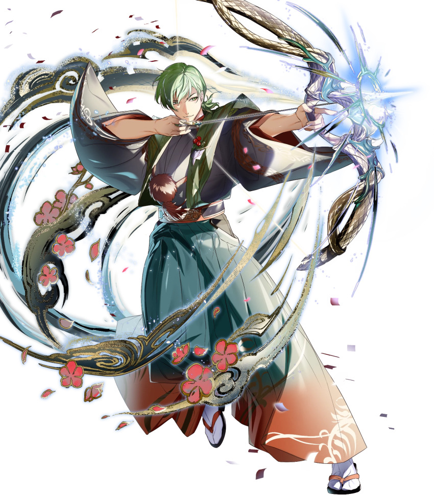 1boy aiming attack black_kimono bow_(weapon) drawing_bow fire_emblem fire_emblem:_the_sacred_stones fire_emblem_heroes glowing glowing_arrow glowing_weapon gradient_clothes gradient_kimono green_eyes green_hair green_kimono highres holding holding_bow_(weapon) holding_weapon innes_(fire_emblem) innes_(new_year)_(fire_emblem) japanese_clothes kimono medium_hair nintendo non-web_source official_alternate_costume official_art red_kimono sandals solo squinting tabi v-shaped_eyebrows weapon