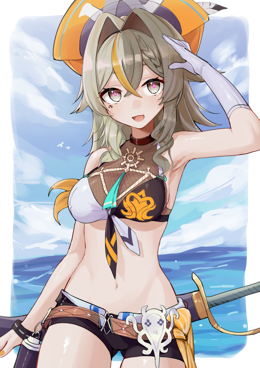 1girl absurdres arm_up armpits belt belt_buckle bikini brown_belt buckle dodo_(yatotoyatoto) facial_tattoo fishnet_top fishnets front-tie_bikini_top front-tie_top gloves grey_eyes hat hat_feather highres honkai_(series) honkai_impact_3rd midriff multicolored_hair ocean official_alternate_costume open_mouth orange_ribbon pirate_hat ribbon sheath sheathed short_shorts shorts shoulder_ribbon solo stomach summer swimsuit sword tattoo vill-v vill-v_(i&#039;m_the_storm) weapon white_gloves wristband