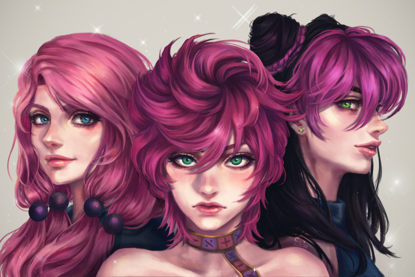 3girls absurdres aqua_eyes bare_shoulders black_hair blue_eyes braid braided_bun double_bun earrings green_eyes grey_background hair_bun highres hirose_yasuho jewelry jojo_no_kimyou_na_bouken jojolion kuujou_jolyne long_hair looking_at_viewer multiple_girls parted_lips pink_hair portrait purple_hair short_hair simple_background smile sparkle staryoruu stone_ocean trish_una vento_aureo