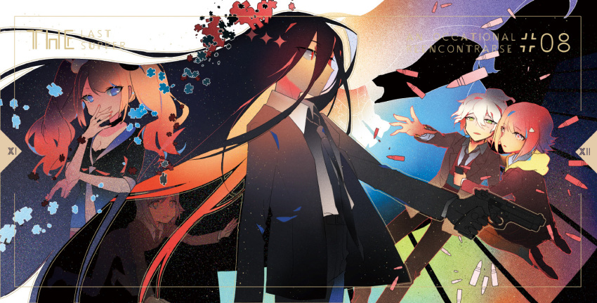 2girls 3boys all_fours arm_up bear_hair_ornament black_jacket black_necktie blonde_hair breasts brown_jacket bullet cleavage collared_shirt danganronpa_(series) danganronpa_3_(anime) enoshima_junko flipped_hair grey_hair grey_shirt gun hair_ornament hand_up holding holding_gun holding_weapon hope&#039;s_peak_academy_school_uniform jacket kamukura_izuru komaeda_nagito long_hair long_sleeves medium_breasts medium_hair mitarai_ryota multicolored_hair multiple_boys multiple_girls nanami_chiaki necktie open_clothes open_jacket pa_zi_dinglu pink_hair red_eyes school_uniform shirt short_hair skirt smile triangle_hair_ornament twintails two-tone_hair weapon white_shirt