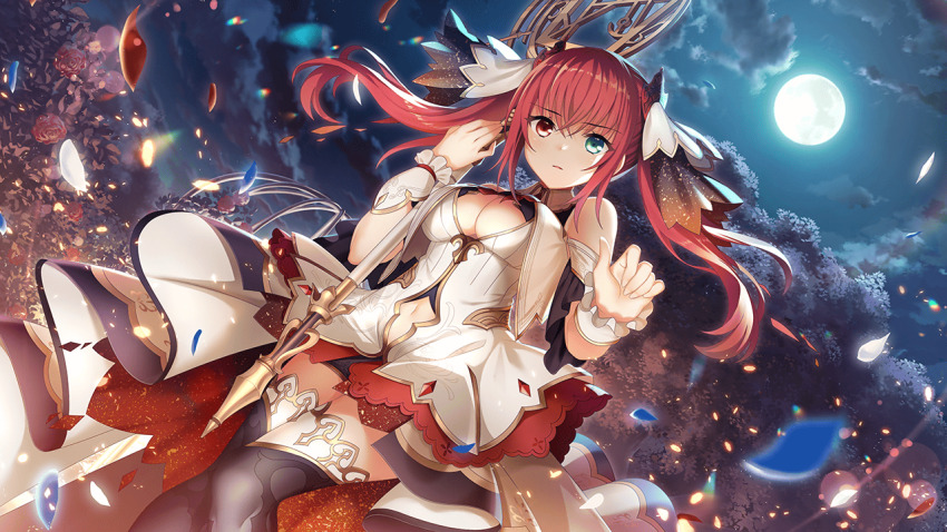 1girl akai_asaka blue_eyes book breasts cleavage cleavage_cutout clothing_cutout cloud crescent_moon deep_one_kyomu_to_mugen_no_fragment dress dutch_angle full_moon heterochromia holding holding_weapon light_particles long_hair looking_at_viewer medium_breasts moon moonlight natsuhiko navel navel_cutout night night_sky non-web_source outdoors red_eyes red_hair red_moon sky solo star_(sky) starry_sky sun thighhighs twintails weapon white_dress wrist_cuffs