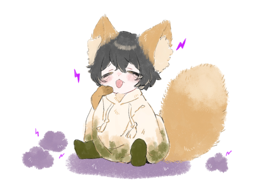 1boy animal_ears animal_hands black_hair blush cape closed_eyes drawstring e.g.o_(project_moon) electricity fox_ears fox_tail hood hood_down hooded_cape limbus_company male_focus project_moon simple_background sitting solo static_electricity sunshower_(e.g.o) tail tears tongue tongue_out uchimura_(rino0525) white_background white_cape yi_sang_(project_moon)