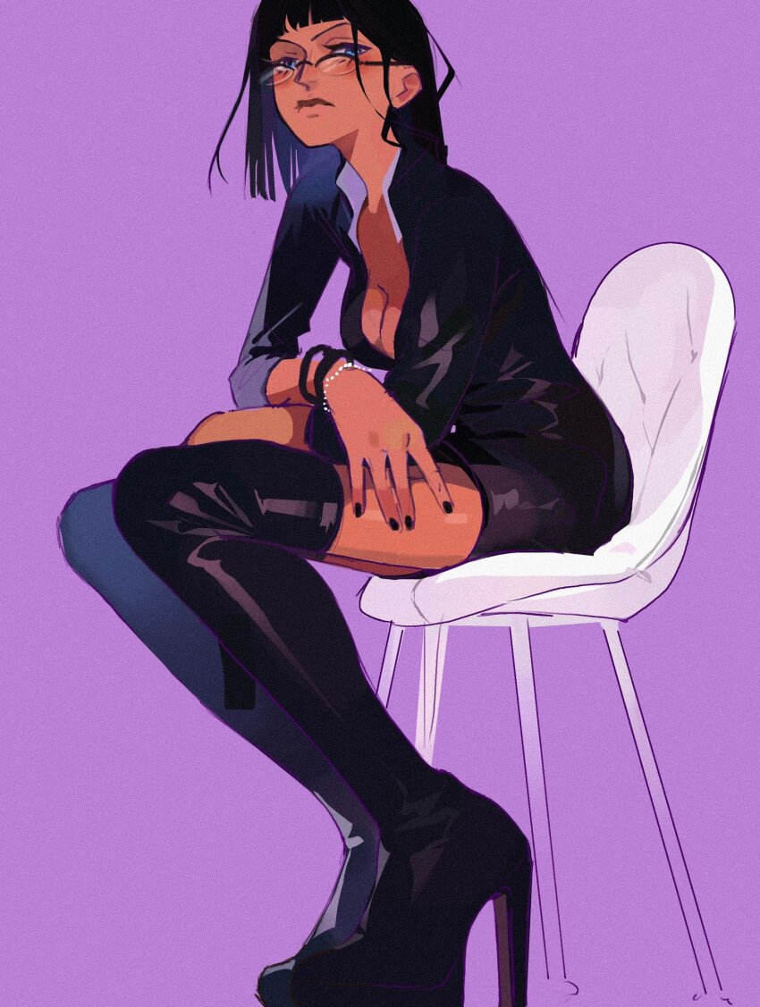 1girl bespectacled black_dress black_hair black_nails blue_eyes blunt_bangs blush boots bracelet chair clauduranart closed_mouth commentary dress english_commentary glasses high_heel_boots high_heels highres jewelry leather_dress long_sleeves looking_at_viewer medium_hair nico_robin nico_robin_(water_7) on_chair one_piece purple_background simple_background sitting solo