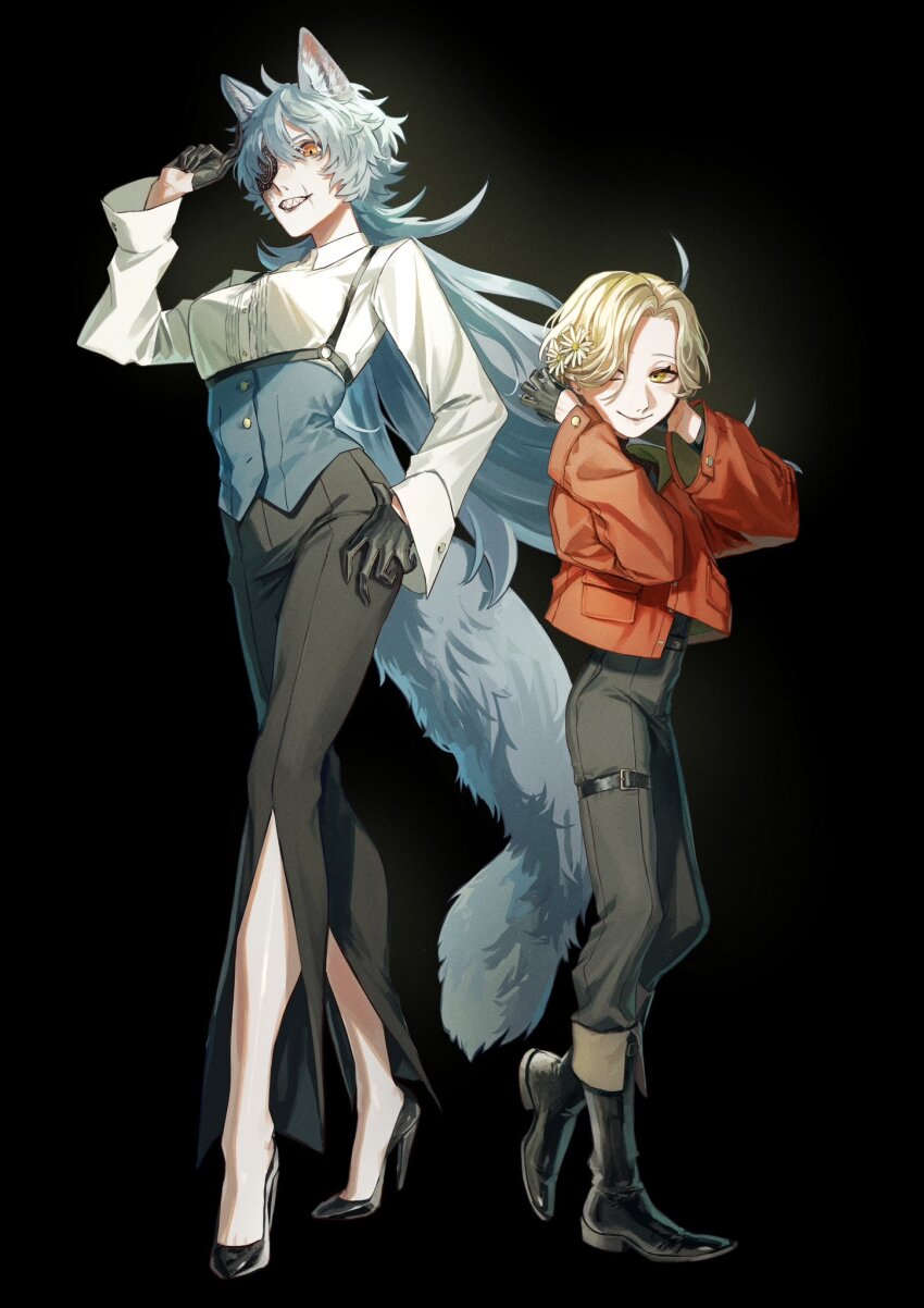 1boy 1girl androgynous animal_ears black_background black_gloves black_pants blonde_hair boots eyepatch flower full_body gloves grey_hair hair_flower hair_ornament hair_over_one_eye half_gloves hands_up high-waist_pants high_heels highres jacket long_hair looking_at_viewer momomo_906 orange_eyes original pants red_jacket scar scar_on_face scar_on_mouth sharp_teeth shirt short_hair simple_background smile standing tail teeth very_long_hair white_shirt wolf_ears wolf_girl wolf_tail yellow_eyes
