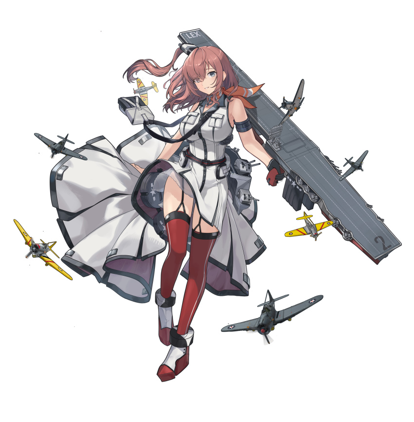 1girl absurdres battle_effectiveness_award blue_eyes breast_pocket breasts brown_hair commentary_request dress full_body hair_between_eyes hair_ornament high_side_ponytail highres kantai_collection large_breasts long_hair looking_at_viewer neckerchief open_mouth original pocket ponytail sbd_dauntless side_ponytail sidelocks simple_background smile smokestack smokestack_hair_ornament solo thighhighs uss_lexington_(cv-2)_(personification) white_dress xiu_kukkii