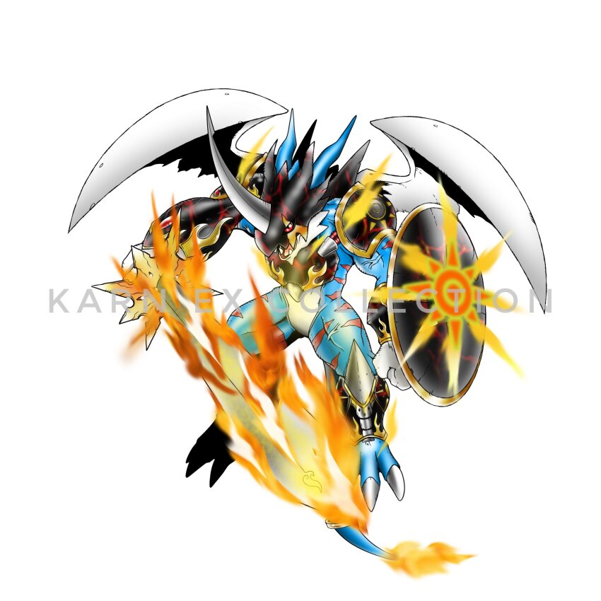 armor black_armor blue_skin colored_skin crests_(digimon) digimental_of_courage digimon digimon_(creature) digimon_adventure_02 dragon fire highres horns oridigi red_eyes shield single_horn solo sword weapon weirdomonmaster wings xv-mon