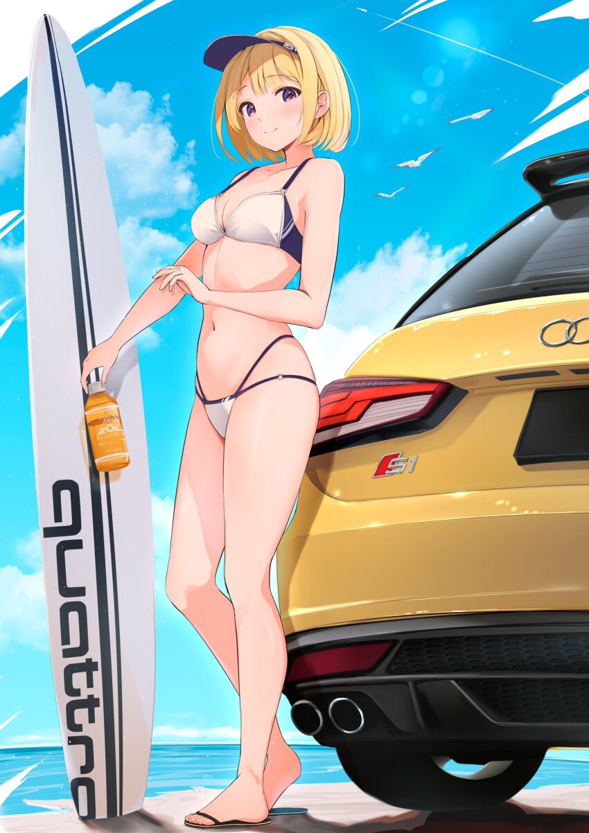 1girl audi audi_s1 beach bikini bird blonde_hair blue_hat blue_sky bottle breasts car cleavage cloud commentary_request flip-flops fujinomiya_rio hand_up hat highres holding holding_bottle legs looking_at_viewer medium_breasts midriff motor_vehicle navel ocean original personification purple_eyes sandals seagull second-party_source short_hair sky smile solo surfboard swimsuit vehicle_and_personification visor_cap white_bikini yellow_car