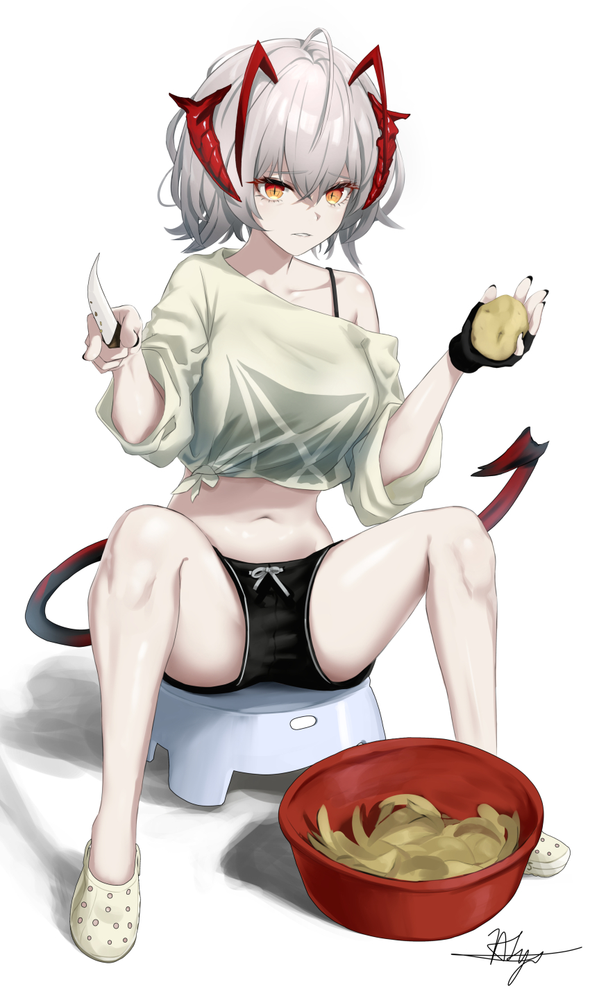 1girl absurdres ahoge antennae arknights bare_legs black_gloves black_shorts bra_strap chaciooh commentary fingerless_gloves food gloves grey_hair hands_up highres holding holding_food holding_knife horns knife looking_at_viewer midriff navel parted_lips potato potato_peel shirt shoes short_hair short_shorts shorts single_bare_shoulder single_glove solo stomach tail tied_shirt w_(arknights) yellow_eyes yellow_shirt yellow_shoes