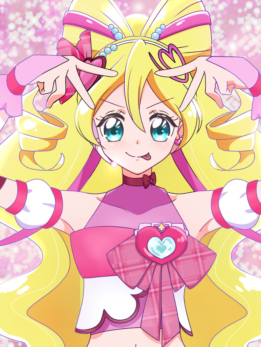 1girl :p arm_warmers armpits arms_up bare_shoulders blonde_hair blue_eyes blurry blurry_background blush bokeh bow bow-shaped_hair bridal_gauntlets brooch closed_mouth collarbone commentary crop_top cure_idol depth_of_field detached_sleeves double-parted_bangs double_v drill_hair earrings hair_between_eyes hair_bun hair_ornament hair_ribbon hairband headset heart heart_brooch heart_earrings heart_hair_bun heart_hair_ornament highres hoshino_ai&#039;s_pose idol idol_heart_brooch_(precure) impossible_hair jewelry kimi_to_idol_precure long_hair looking_at_viewer magical_girl midriff navel oshi_no_ko parody pink_background pink_bridal_gauntlets pink_ribbon pink_theme pink_wrist_cuffs plaid_bow precure puffy_detached_sleeves puffy_sleeves ribbon sakura_uta_(precure) single_arm_warmer single_earring sleeveless smile solo split_mouth tongue tongue_out twin_drills upper_body user_tzgg8225 v v_over_eye very_long_hair white_arm_warmers white_hairband wrist_cuffs