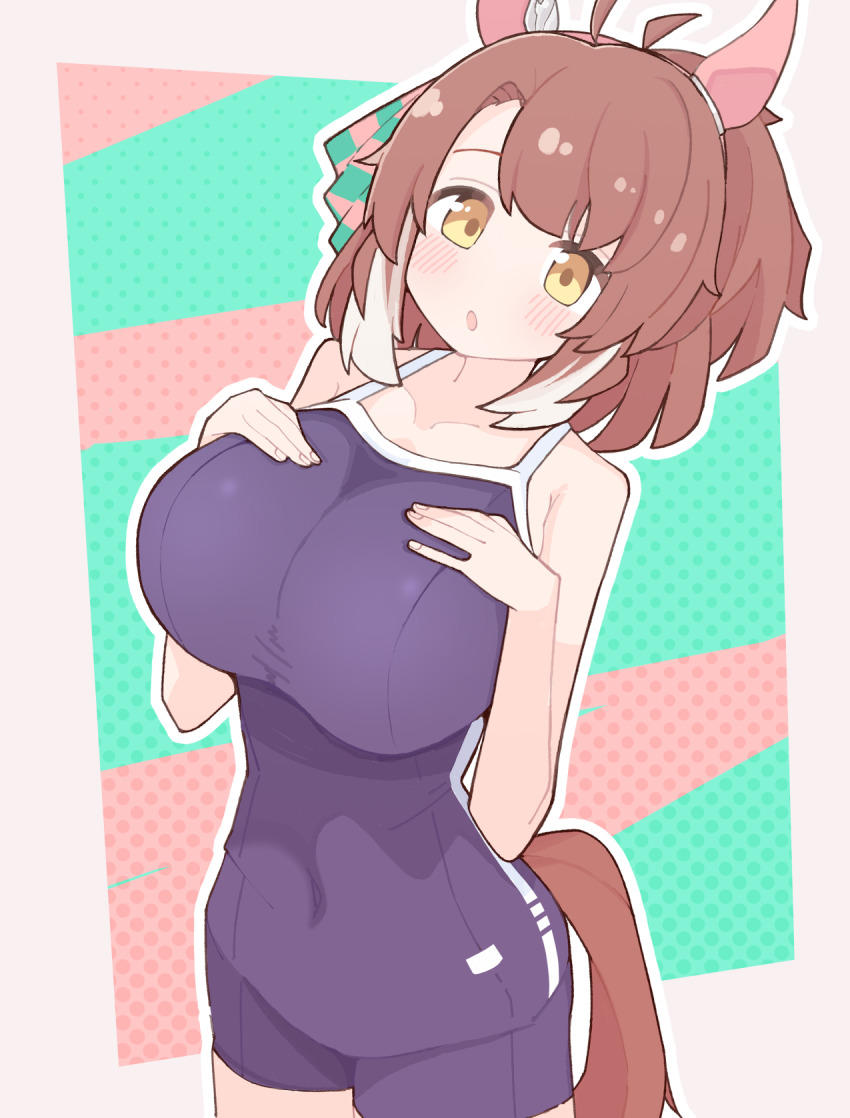 1girl ahoge alternate_costume animal_ears bare_shoulders blue_one-piece_swimsuit breasts brown_hair commentary_request competition_school_swimsuit dantsu_flame_(umamusume) ear_covers hands_on_own_chest highres horse_ears horse_girl horse_tail large_breasts looking_at_viewer one-piece_swimsuit open_mouth ponytail school_swimsuit single_vertical_stripe solo spacecrab spaghetti_strap swimsuit tail tracen_swimsuit umamusume yellow_eyes