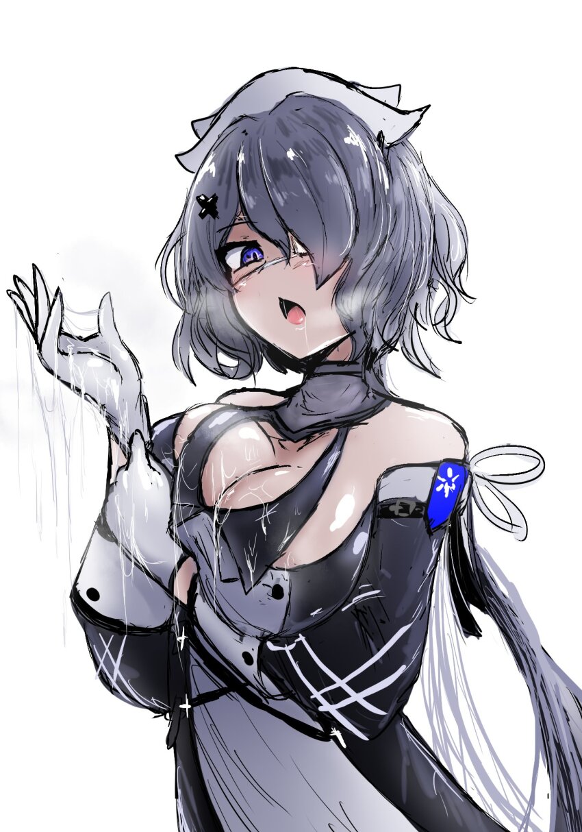 1girl arknights bare_shoulders black_dress blush breasts detached_sleeves dress eyepatch geist43195783 gloves grey_hair hair_ornament hat highres large_breasts looking_at_viewer medical_eyepatch nurse_cap one_eye_covered open_mouth purple_eyes short_hair simple_background solo suggestive_fluid whisperain_(arknights) white_background white_gloves x_hair_ornament