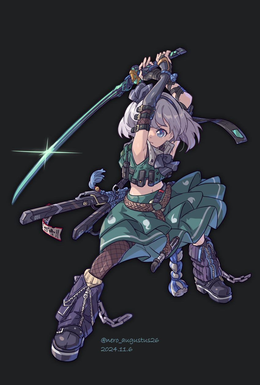 1girl absurdres alternate_costume armpits artist_name belt black_background black_hairband blue_eyes blush bow fishnet_pantyhose fishnet_thighhighs fishnets grey_hair hair_ribbon hairband hat highres hitodama katana konpaku_youmu leggings looking_at_viewer navel nero_augustus open_mouth pantyhose ribbon shirt short_hair short_sleeves skirt solo standing sword tachi-e thighhighs touhou vest weapon white_hair