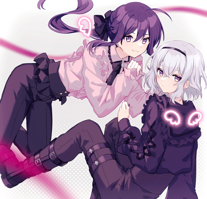 2boys ahoge black_bow black_bowtie black_footwear black_hairband black_nails black_pants boots bow bowtie closed_mouth detached_wings fingernails grey_background grey_hair grey_shirt hair_between_eyes hair_bow hairband highres honebami_toushirou light_smile long_hair long_sleeves looking_at_viewer male_focus medium_hair mini_wings mochimiya_(coyo) multiple_boys namazuo_toushirou pants polka_dot polka_dot_background ponytail purple_eyes purple_shirt shirt sidelocks touken_ranbu wings