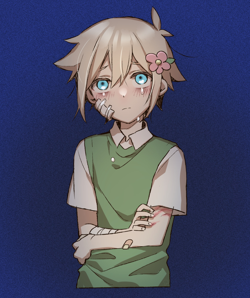 1boy absurdres antenna_hair bags_under_eyes bandaged_arm bandages bandaid bandaid_on_arm basil_(faraway)_(omori) basil_(omori) blue_background blush closed_mouth collared_shirt cropped_torso crying crying_with_eyes_open double-parted_bangs eyebrows_hidden_by_hair film_grain flower frown gauze gauze_on_cheek green_sweater_vest hair_between_eyes hair_flower hair_ornament hand_on_own_arm highres injury leaf looking_at_viewer male_focus manimarough omori pink_flower raised_inner_eyebrows scar shirt short_hair short_sleeves simple_background solo sweater_vest tears upturned_eyes white_shirt