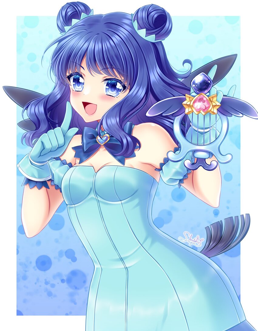 1girl aizawa_mint aqua_dress aqua_gloves bare_shoulders bird_girl bird_tail bird_wings blue_eyes blue_hair blush breasts collarbone commentary_request double_bun dress finger_to_cheek gloves hair_bun highres holding holding_weapon long_hair medium_breasts mew_mint mintone_arrow open_mouth shirato_sayuri smile solo strapless strapless_dress tail tokyo_mew_mew tokyo_mew_mew_new weapon wings