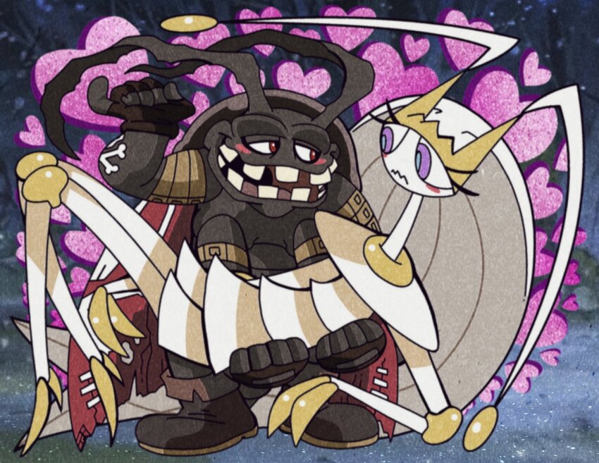 arthropod_girl blush couple digimon digimon_(creature) gen_7_pokemon gokimon heart mr.whatshisname nintendo pheromosa pokemon purple_eyes red_eyes teeth ultra_beast