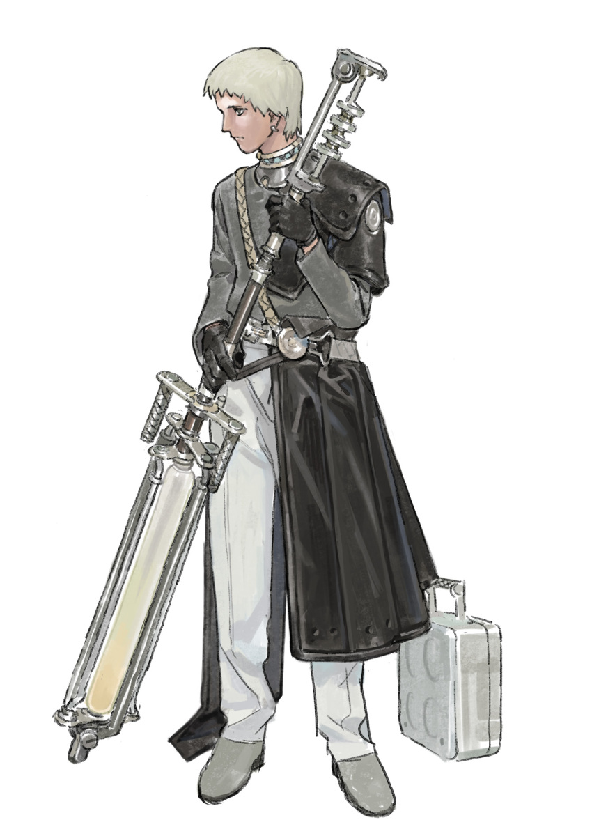 1boy black_gloves black_shirt blonde_hair briefcase chenrong96 closed_mouth earrings expressionless gloves grey_footwear highres holding jewelry long_sleeves male_focus original pants profile shirt short_hair simple_background solo standing tan white_background white_pants