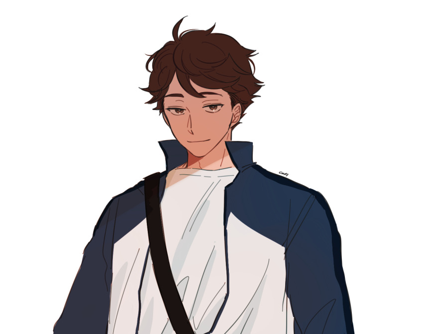 1boy black_straps brown_eyes brown_hair closed_mouth collared_jacket com_(com0107) commentary haikyuu!! hair_between_eyes jacket male_focus multicolored_jacket oikawa_tooru_(haikyuu!!) popped_collar shirt shoulder_strap simple_background smile solo t-shirt undershirt upper_body white_background white_shirt