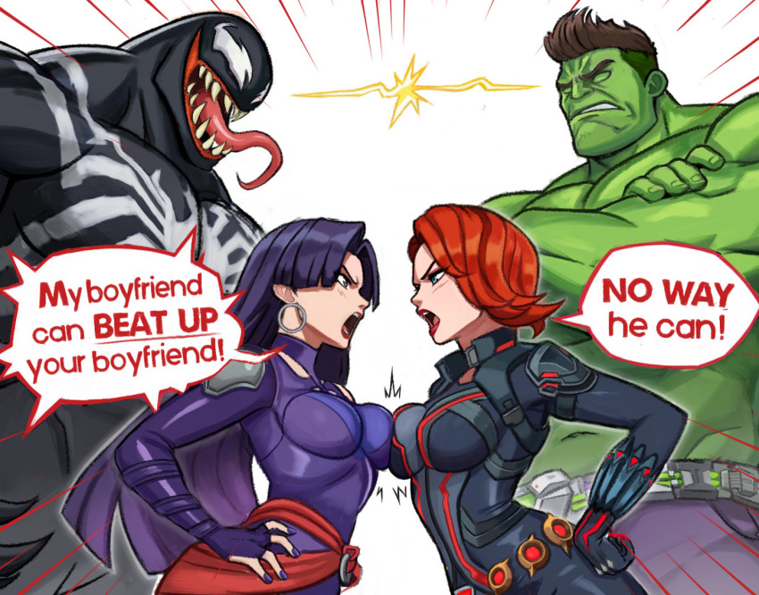 2boys 2girls black_skin black_widow breast_press breasts brown_hair colored_skin earrings english_text green_eyes green_skin hand_on_own_hip hulk jewelry long_hair marvel marvel_rivals multiple_boys multiple_girls muscular muscular_male neggoartz open_mouth psylocke purple_eyes purple_hair sharp_teeth short_hair speech_bubble teeth tongue tongue_out venom_(marvel)