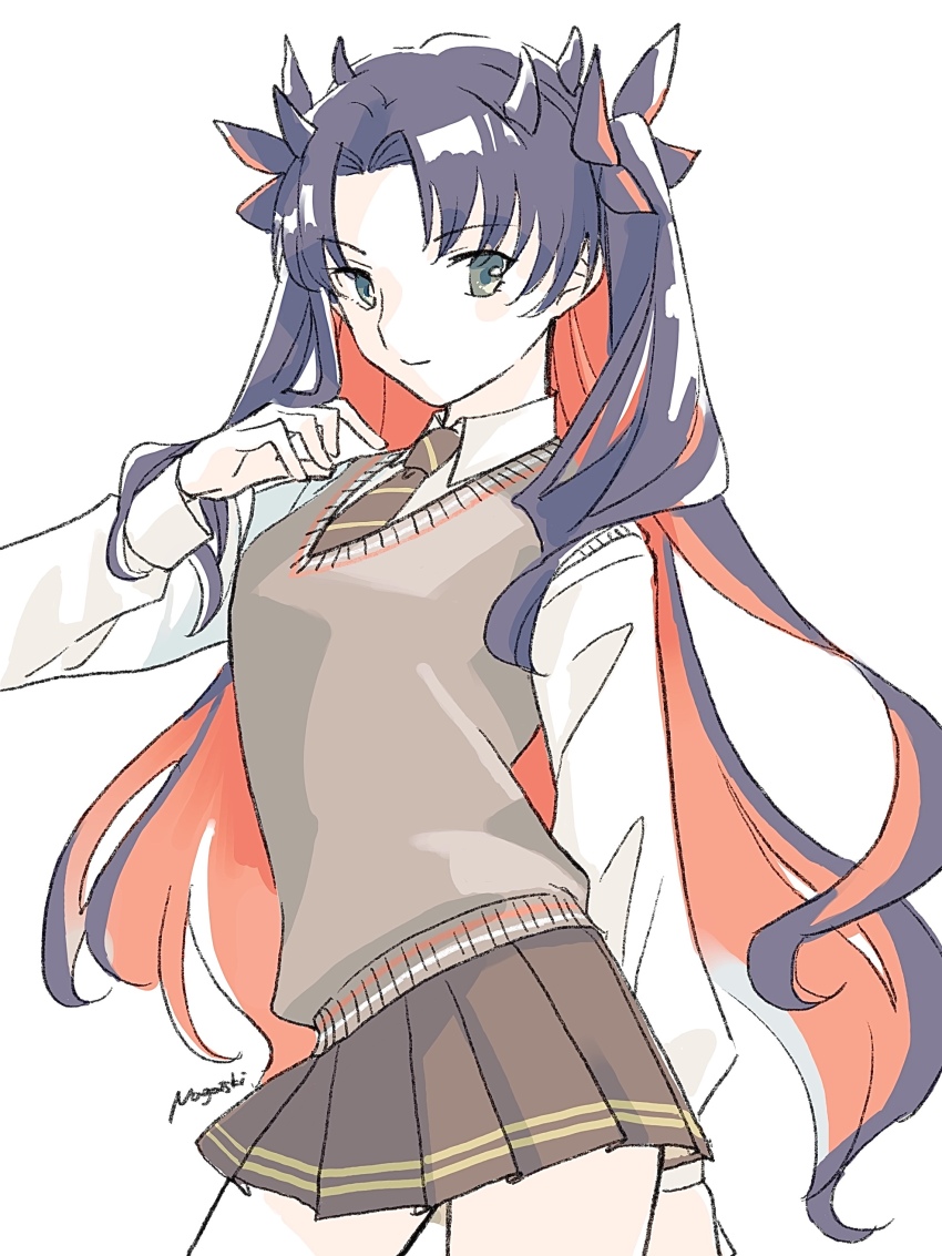 1girl absurdres alternate_costume black_bow black_hair bow brown_necktie brown_skirt closed_eyes closed_mouth colored_inner_hair fate/grand_order fate_(series) green_eyes grey_vest hair_bow highres ishtar_(fate) long_hair long_sleeves looking_at_viewer multicolored_hair nagatsuki_(huwamo9_8ku) necktie parted_bangs pleated_skirt red_hair school_uniform shirt signature skirt smile solo space_ishtar_(fate) two-tone_hair very_long_hair vest white_shirt