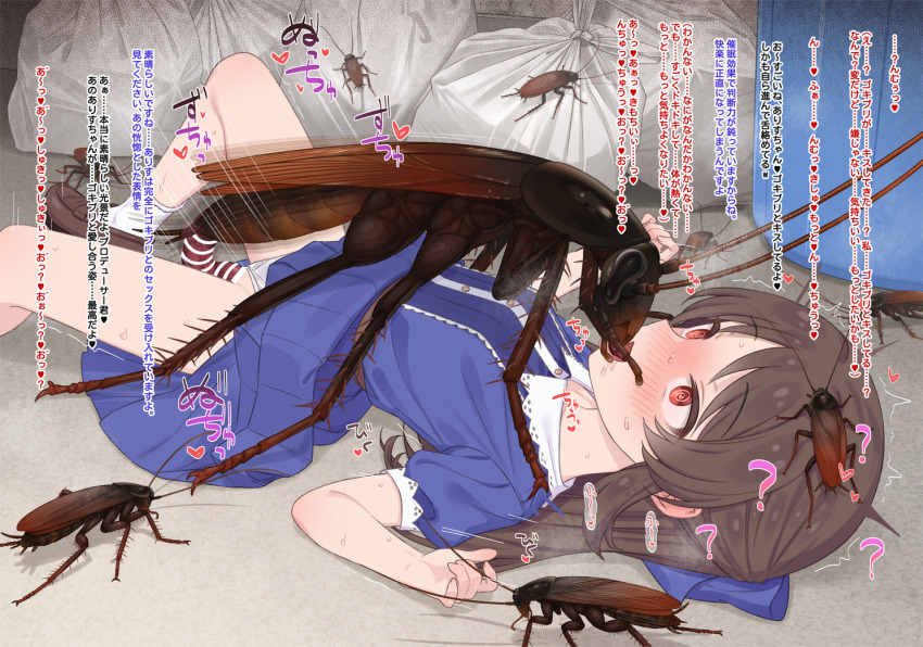 1girl @_@ bar_censor bestiality blue_dress blush brown_hair bug censored clothing_aside cockroach collarbone collared_dress dress french_kiss hair_ribbon half_updo hypnosis idolmaster idolmaster_cinderella_girls insect interspecies kiss lace_trim loafers loli long_hair lying mind_control missionary motion_lines neku_oneneko on_back oversized_bug panties panties_aside parted_bangs pointless_censoring rape ribbon saliva saliva_trail sex_with_insects shoes sidelocks socks tachibana_arisu trash_bag trash_can twitching underwear vaginal white_panties white_socks
