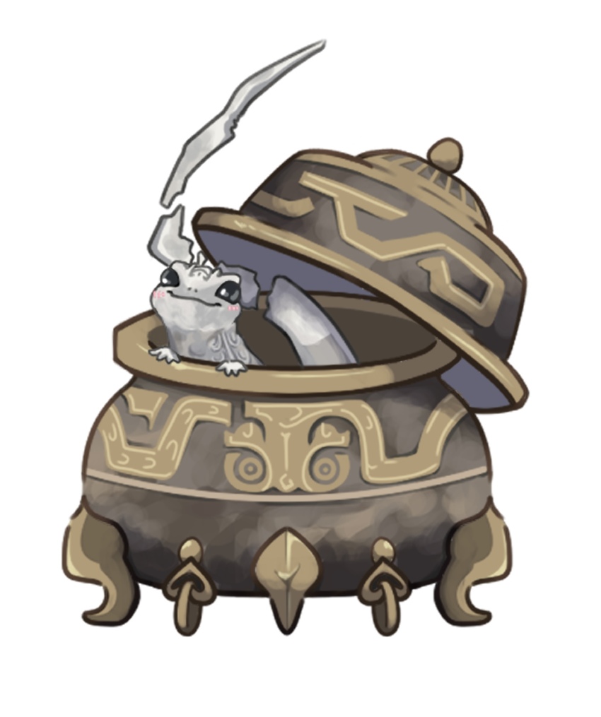 :3 animal animal_focus black_eyes blush ding_(vessel) han_zhang_(reverse:1999) highres in_container looking_at_viewer no_humans reverse:1999 salamander smile tail white_background yashiki_kagari