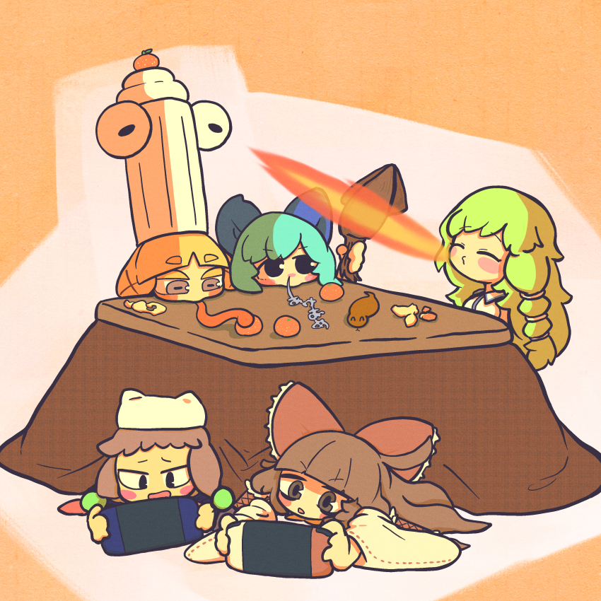 5girls absurdres black_eyes blonde_hair blue_hair bow breath_weapon breathing_fire brown_eyes brown_hair character_request chef_hat cirno commentary_request cookie_(touhou) detached_sleeves fire food frilled_bow frills fruit grey_background grey_eyes grey_hair ikayaki hair_bow hakurei_reimu handheld_game_console hat highres holding holding_handheld_game_console horizontal_pupils izayoi_sakuya kagami_mochi kochiya_sanae kotatsu long_hair long_tongue mandarin_orange micha_(cookie) moriya_suwako muimui_(4242564muimui) multiple_girls nintendo_switch oko_(cookie) open_mouth orange_background red_bow ribbon-trimmed_sleeves ribbon_trim short_bangs short_hair simple_background snot table tongue tongue_out touhou tsuchinoko under_kotatsu under_table upper_body web_(cookie) white_hat white_sleeves yamato_(cookie)