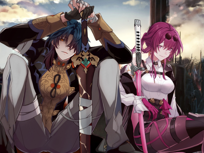 1boy 1girl bandaged_arm bandages black_gloves black_hair black_shorts blade_(honkai:_star_rail) commentary_request eyewear_on_head glasses gloves grey_pants high-waist_shorts highres holding holding_sword holding_weapon honkai:_star_rail honkai_(series) kafka_(honkai:_star_rail) long_hair looking_at_viewer orange_eyes pants pantyhose pince-nez purple_eyes purple_gloves purple_hair purple_pantyhose saint_laurent_paris shirt shorts single_glove smile sunglasses sword weapon white_shirt