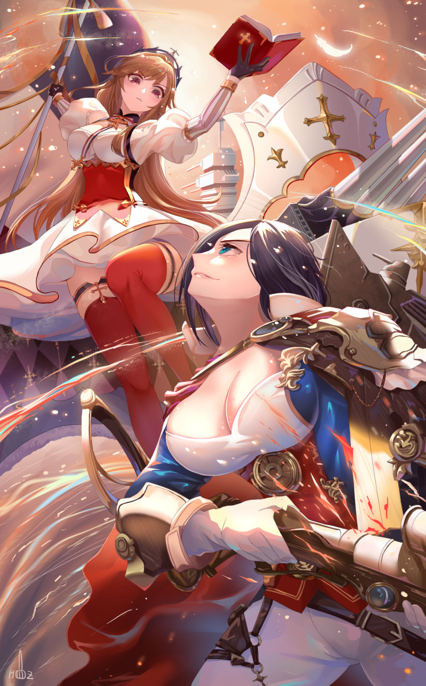 2girls ark_royal_(azur_lane) ark_royal_(retrofit)_(azur_lane) azur_lane bare_shoulders bible_(object) black_gloves black_hair blue_coat blue_eyes book breasts cleavage cleavage_cutout clothing_cutout coat commentary crown dress duel english_commentary flag french_flag gloves gun highlander_z highres holding holding_book holding_flag holding_gun holding_weapon juliet_sleeves long_hair long_sleeves looking_at_another medium_breasts multiple_girls orange_hair pants puffy_sleeves purple_eyes red_thighhighs retrofit_(azur_lane) richelieu_(azur_lane) rifle serious short_dress short_hair smile thigh_strap thighhighs underbust watermark weapon white_dress white_gloves white_pants