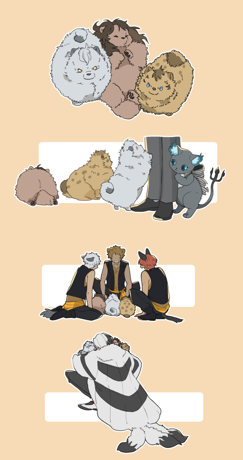 absurdres animal animalization black_vest cat coat commentary_request creature divus_crewel fur_coat grim_(twisted_wonderland) highres hug hyena jack_howl leona_kingscholar lion orange_background raccoonlot ruggie_bucchi twisted_wonderland vest wolf