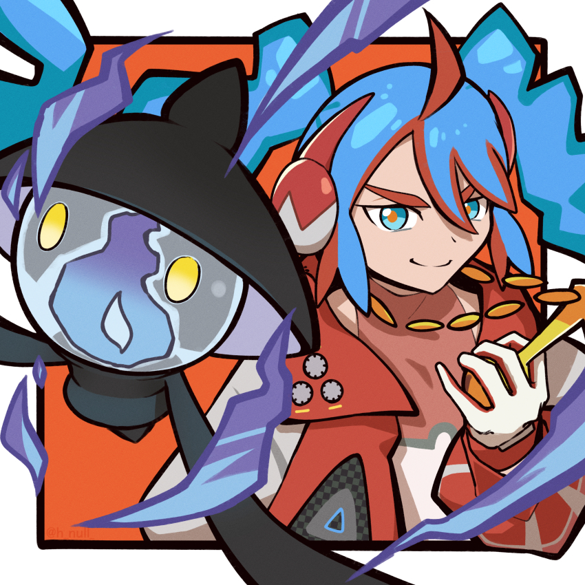absurdres ahoge aqua_eyes aqua_hair closed_mouth commentary_request fire fire_miku_(project_voltage) gen_5_pokemon h_null hatsune_miku highres holding jacket jewelry lampent long_hair multicolored_hair necklace nintendo open_clothes open_jacket pokemon pokemon_(creature) project_voltage purple_fire red_hair red_jacket red_pupils smile twintails two-tone_hair v-shaped_eyebrows vocaloid yellow_eyes