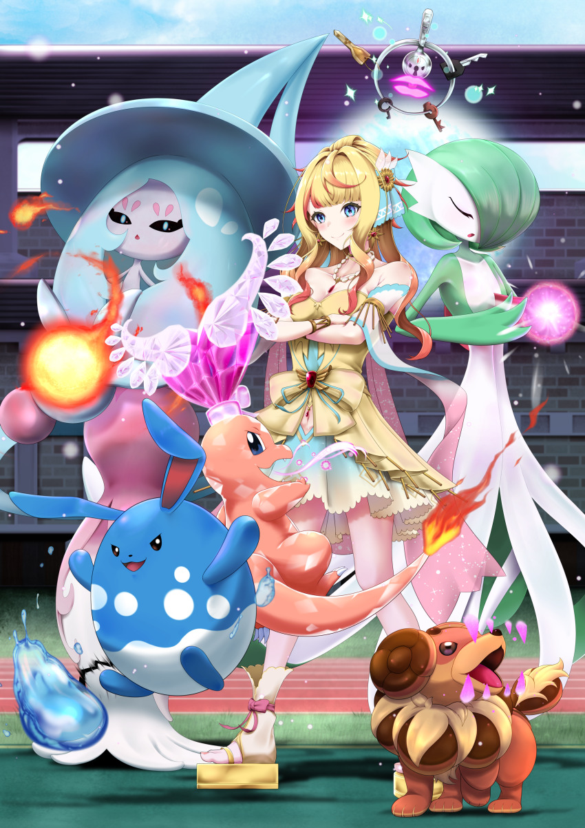 3girls :3 absurdly_long_hair absurdres aqua_tail_(pokemon) arms_up azumarill bare_shoulders black_eyes black_sclera blonde_hair blue_bow blue_eyes blue_hair blue_hat blue_skirt blunt_bangs blush bob_cut bow bracer breasts breath brick_wall brown_eyes character_request charmander claws closed_eyes closed_mouth clothing_cutout collarbone colored_sclera colored_skin crossed_arms dachsbun day dog draining_kiss_(pokemon) earrings energy_ball fang female_focus fire flame-tipped_tail flat_chest floating flower full_body gardevoir gem gen_1_pokemon gen_2_pokemon gen_3_pokemon gen_6_pokemon gen_8_pokemon gradient_hair grass green_hair green_skin hair_bow hair_over_one_eye hands_up happy hat hatterene heart highres in-universe_location jewelry jumping kazunari_(ancvb2sdixjq3vy) key keyhole klefki leg_up legs_apart light_particles long_hair looking_at_viewer looking_back looking_to_the_side medium_breasts miniskirt moonblast_(pokemon) multicolored_hair multicolored_skin multiple_girls mystic_fire_(pokemon) navel navel_cutout neck_ring necklace nintendo one_eye_covered open_mouth orange_hair outdoors pink_gemstone pink_hair platform_footwear poison_fang_(pokemon) pokemon pokemon_move pokemon_sv prehensile_hair pyrokinesis red_bow red_gemstone red_hair running_track sandals shirt short_hair sidelocks skirt smile socks sparkle standing strapless strapless_shirt tail terastallization toeless_legwear two-tone_hair two-tone_skin u_u very_long_hair virtual_youtuber water white_skin witch_hat yellow_bow yellow_flower yellow_shirt yellow_socks