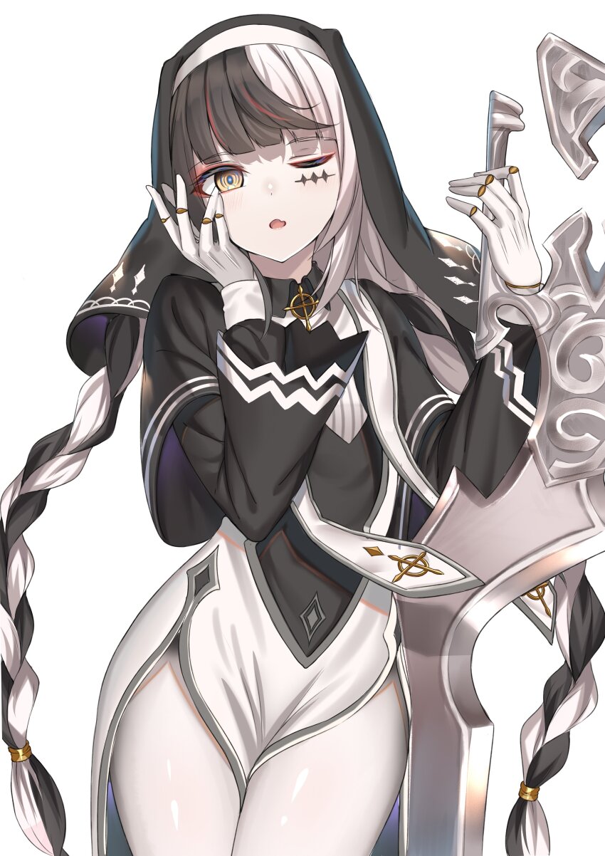 1girl absurdres arrow_cross black_capelet black_hair borrowed_character braid capelet coif commission cross doll_joints dress facial_mark habit hand_on_own_cheek hand_on_own_face hands_up highres holding holding_weapon joints kanikou long_sleeves looking_at_viewer multicolored_hair nun one_eye_closed open_mouth original second-party_source simple_background skeb_commission solo stole twin_braids two-tone_dress two-tone_hair veil violet_(ac8231) weapon white_background white_hair yellow_eyes