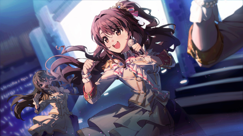 3girls absurdres black_hair blue_eyes blush brown_eyes brown_hair dress epaulettes floating_hair glowstick gold_trim highres holding holding_microphone idolmaster idolmaster_cinderella_girls jacket long_hair microphone multiple_girls new_generations_(idolmaster) one_side_up open_mouth pg_(pgouwoderen) shibuya_rin shimamura_uzuki smile stage teeth tiara upper_body upper_teeth_only white_dress white_jacket wrist_cuffs
