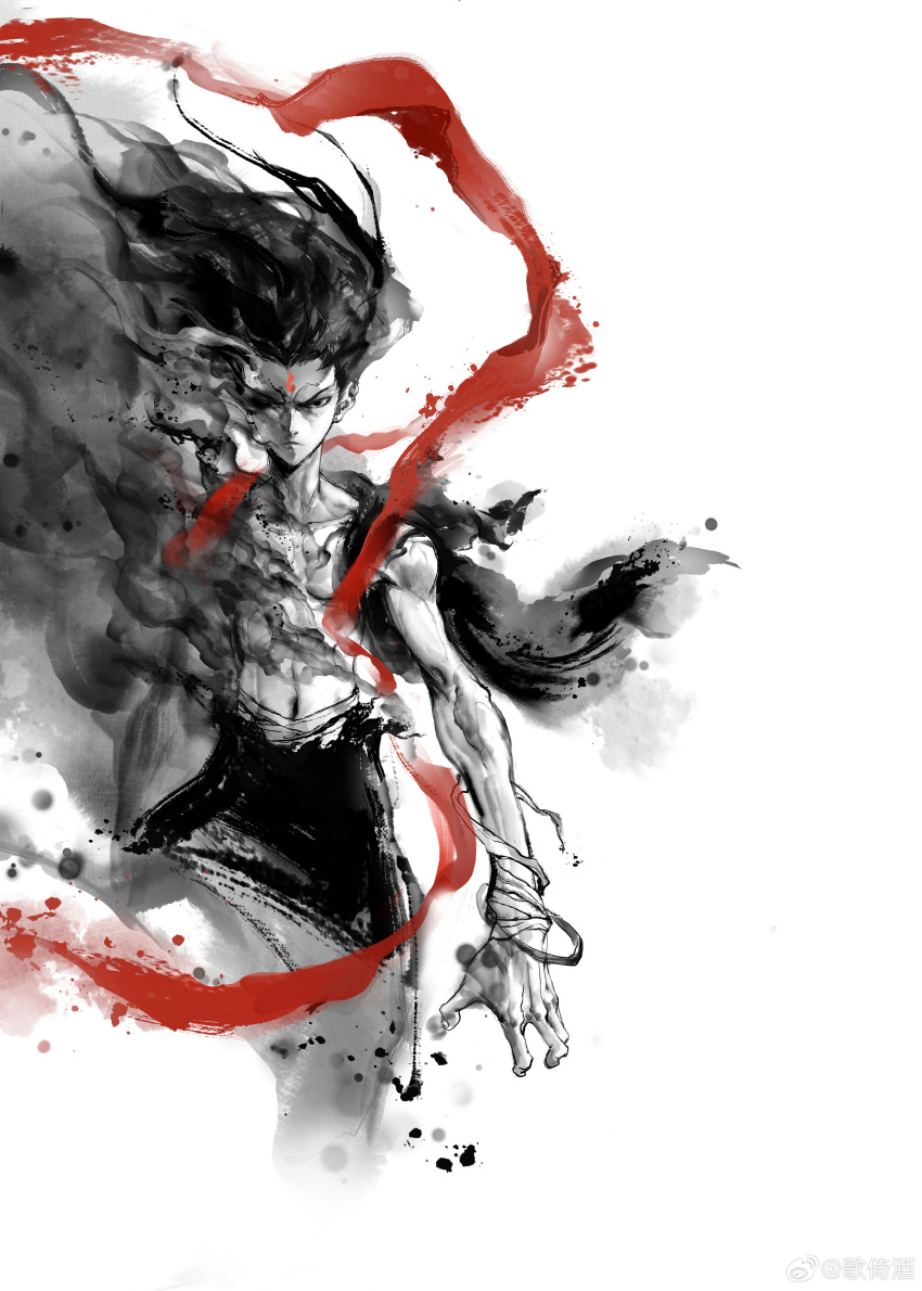 1boy absurdres aged_up cropped_torso facial_mark faux_traditional_media forehead_mark greyscale hagoromo hair_floating_upwards highres ink_wash_painting long_hair looking_at_viewer male_focus monochrome nezha_(nezha_zhi_motong_jiangshi) nezha_zhi_motong_jiangshi official_art red_shawl shawl smoke solo spot_color toned toned_male upper_body v-shaped_eyebrows vest watermark weibo_watermark wenxu_xu white_background