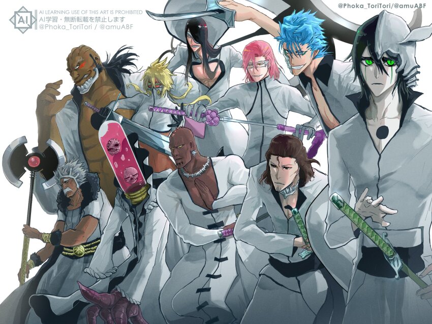 1girl 1other 6+boys aaroniero_arruruerie axe bald baraggan_louisenbairn black_hair bleach blonde_hair blue_eyes blue_hair brown_hair colored_skin commentary cowboy_shot coyote_starrk dark-skinned_male dark_skin espada everyone facial_mark fighting_stance floating_hair glasses green_eyes grimmjow_jaegerjaquez grin hair_between_eyes hair_over_shoulder hand_up highres holding holding_axe holding_sword holding_weapon hole_in_chest hole_on_body katana long_hair long_sleeves looking_ahead looking_at_viewer male_focus multiple_boys muscular muscular_male nnoitra_gilga old old_man open_clothes open_shirt phoka_toritori pink_hair shirt short_hair simple_background slit_pupils smile straight_hair sword symbol-only_commentary szayelaporro_granz tier_harribel tsurime ulquiorra_cifer weapon white-framed_eyewear white_background white_shirt white_skin yammy_llargo zommari_rureaux