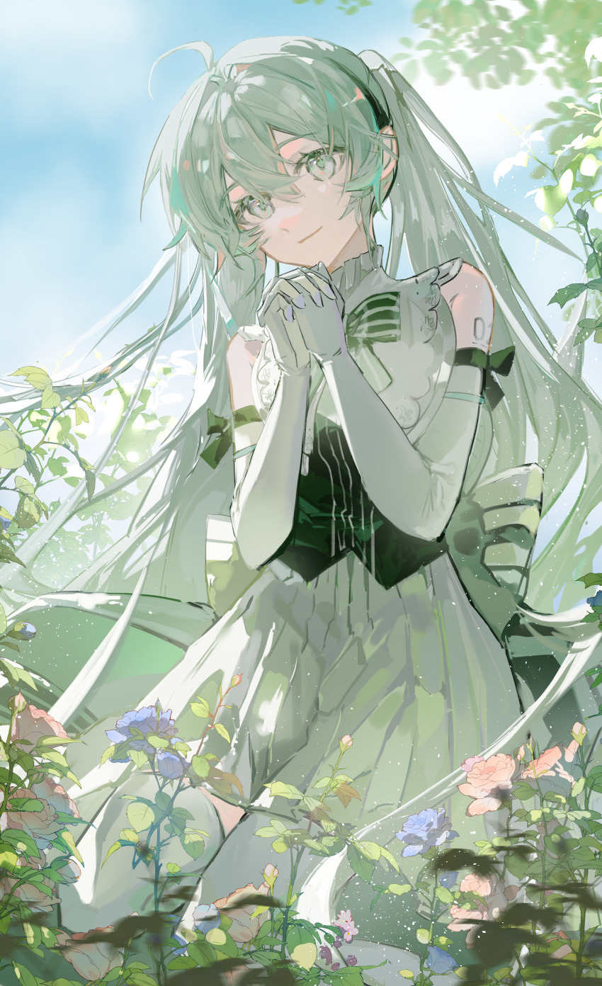 1girl absurdres ahoge bare_shoulders blue_flower closed_mouth day dress elbow_gloves enddie1060_(tyasakura) flower gloves grey_dress grey_eyes grey_gloves grey_hair hair_between_eyes hatsune_miku highres interlocked_fingers leaf light_particles long_hair outdoors own_hands_clasped own_hands_together pink_flower plant pleated_dress sleeveless sleeveless_dress smile solo vocaloid