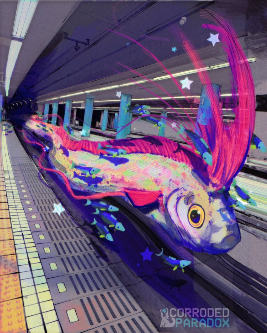 animal artist_logo commentary corrodedparadox english_commentary fish giant_fist highres logo no_humans oarfish original star_(symbol) subway_station tactile_paving tile_floor tiles