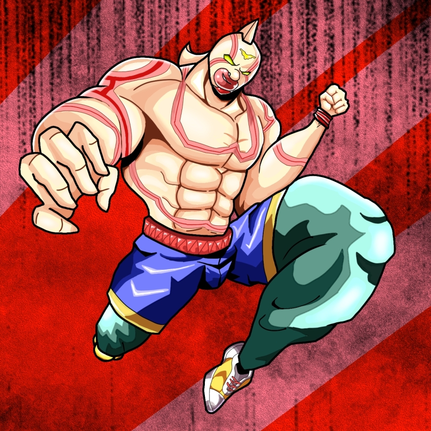 1boy abs armor artist_request biceps blank_eyes clenched_teeth full_body grin highres jumping kinnikuman kinnikuman_super_phoenix large_pectorals looking_at_viewer mask muscular pants pectorals red_background serious simple_background smile teeth wrestling wrestling_outfit