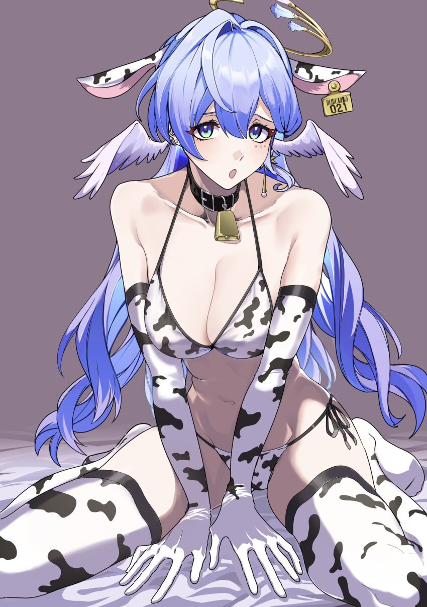 1girl animal_ears animal_print bare_shoulders bell bikini blue_hair breasts cleavage cow_ears cow_print cow_print_bikini cow_print_gloves cow_print_thighhighs elbow_gloves fake_animal_ears gloves green_eyes hair_between_eyes halo head_wings highres honkai:_star_rail honkai_(series) large_breasts long_hair looking_at_viewer navel neck_bell no_shoes open_mouth print_bikini print_gloves print_thighhighs robin_(honkai:_star_rail) sitting solo swimsuit thighhighs wariza wings yamamoto_kichiko