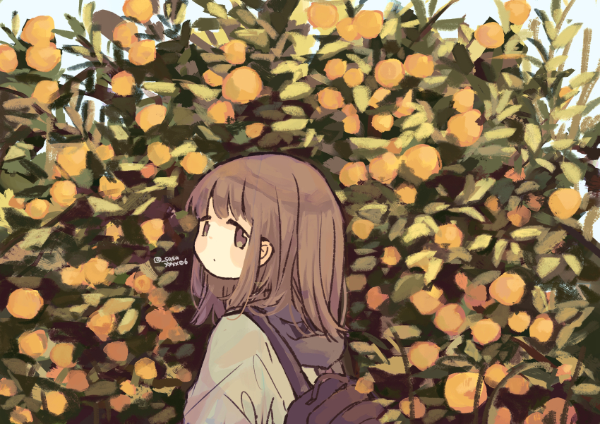 1girl absurdres backpack bag blush brown_eyes brown_hair bush closed_mouth commentary_request day dot_mouth expressionless from_side green_jacket highres hood hood_down hooded_jacket jacket long_hair looking_at_viewer orange_tree original outdoors plant sasaxxxx06 solo straight_hair twitter_username upper_body