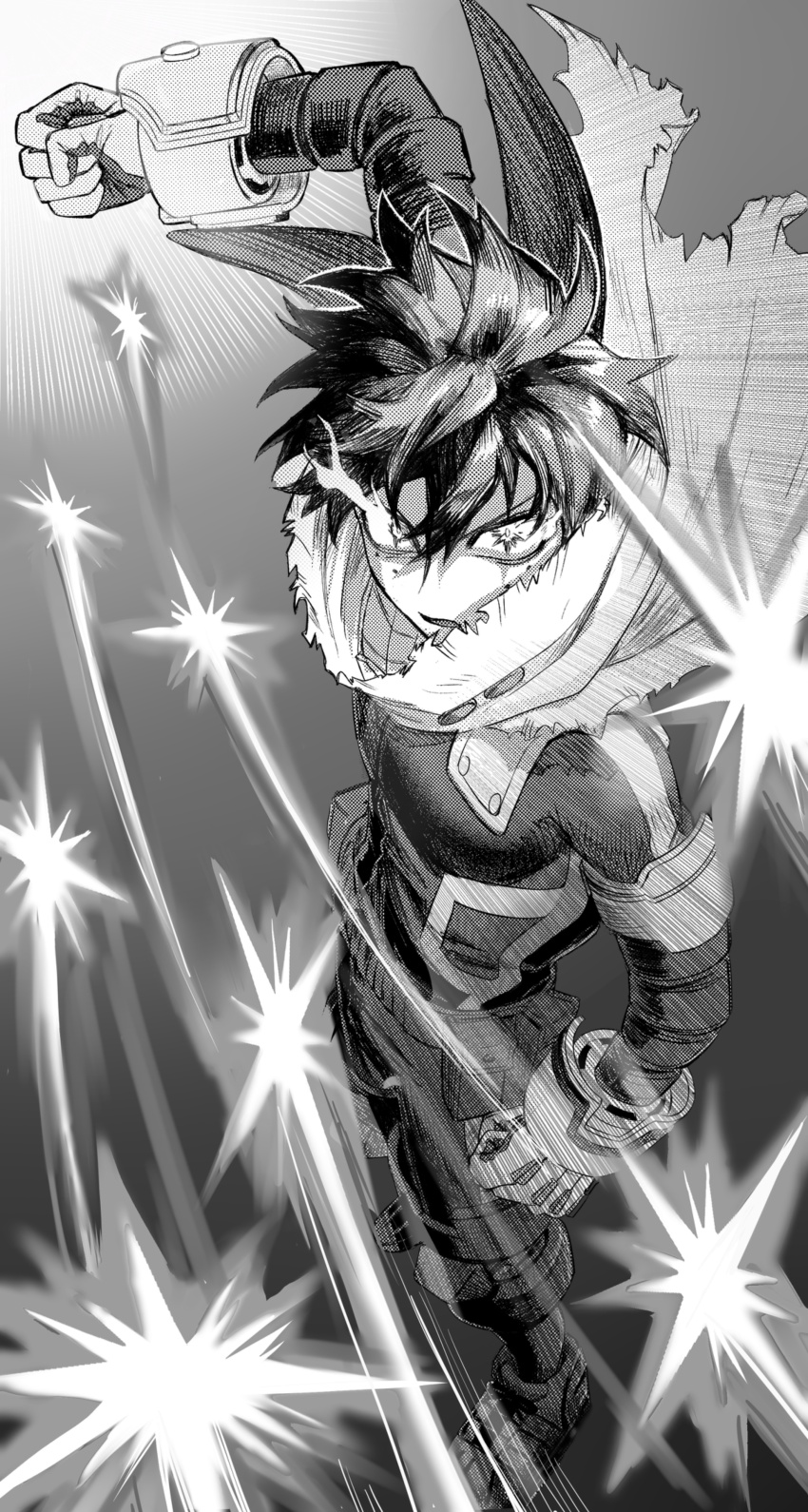 1boy absurdres boku_no_hero_academia cape covered_pectorals freckles from_above full_body greyscale hashtag-only_commentary highres male_focus midoriya_izuku monochrome pectorals short_hair solo standing tmrm0404 torn_cape torn_clothes